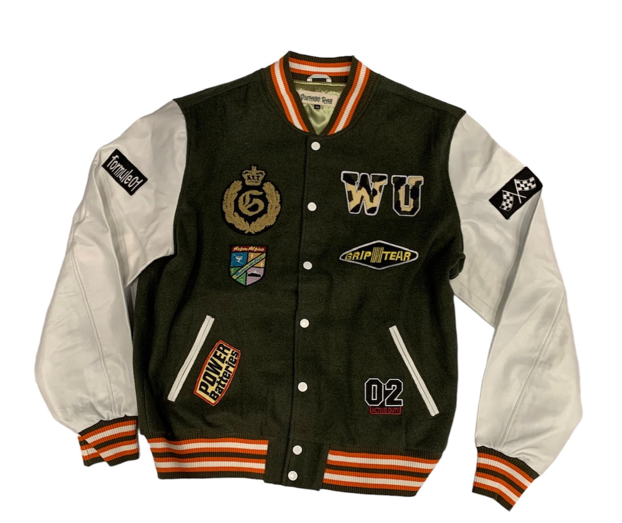 GREEN PATCH VARSITY WITH WHITE LEATHER SLEEVES