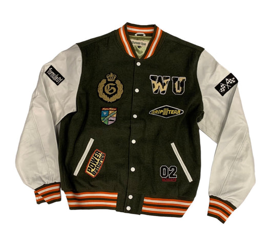 GREEN  PATCH VARSITY WITH WHITE LEATHER SLEEVES