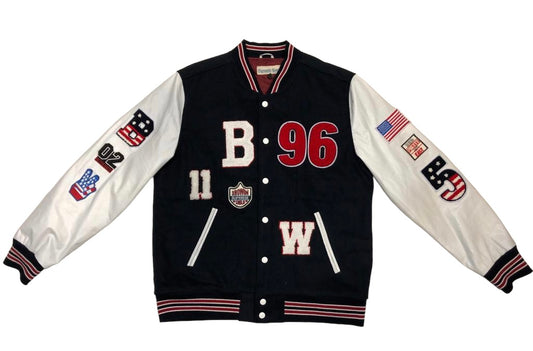B 96 NAVY & WHITE  VARSITY WITH LEATHER SLEEVES