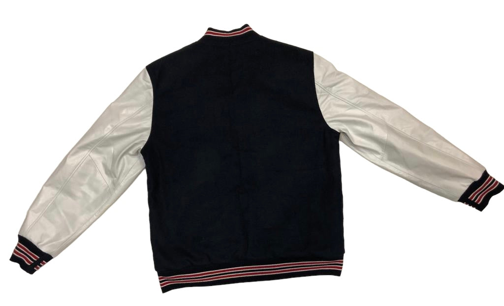 B 96 NAVY & WHITE  VARSITY WITH LEATHER SLEEVES