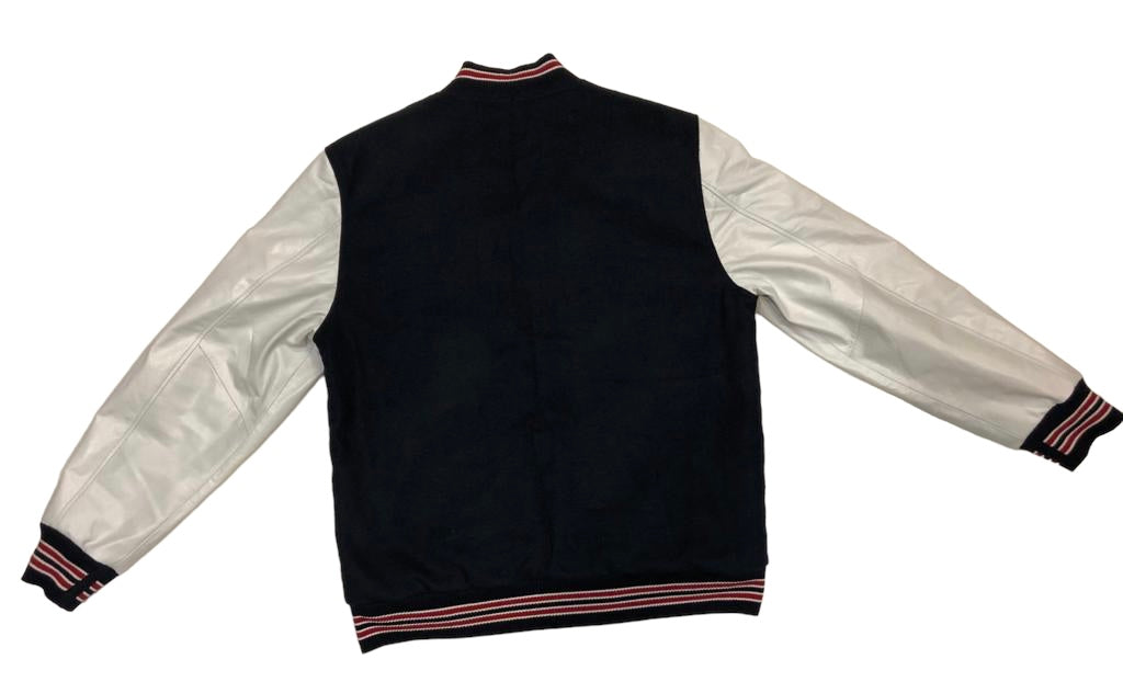 B 96 NAVY & WHITE VARSITY WITH LEATHER SLEEVES