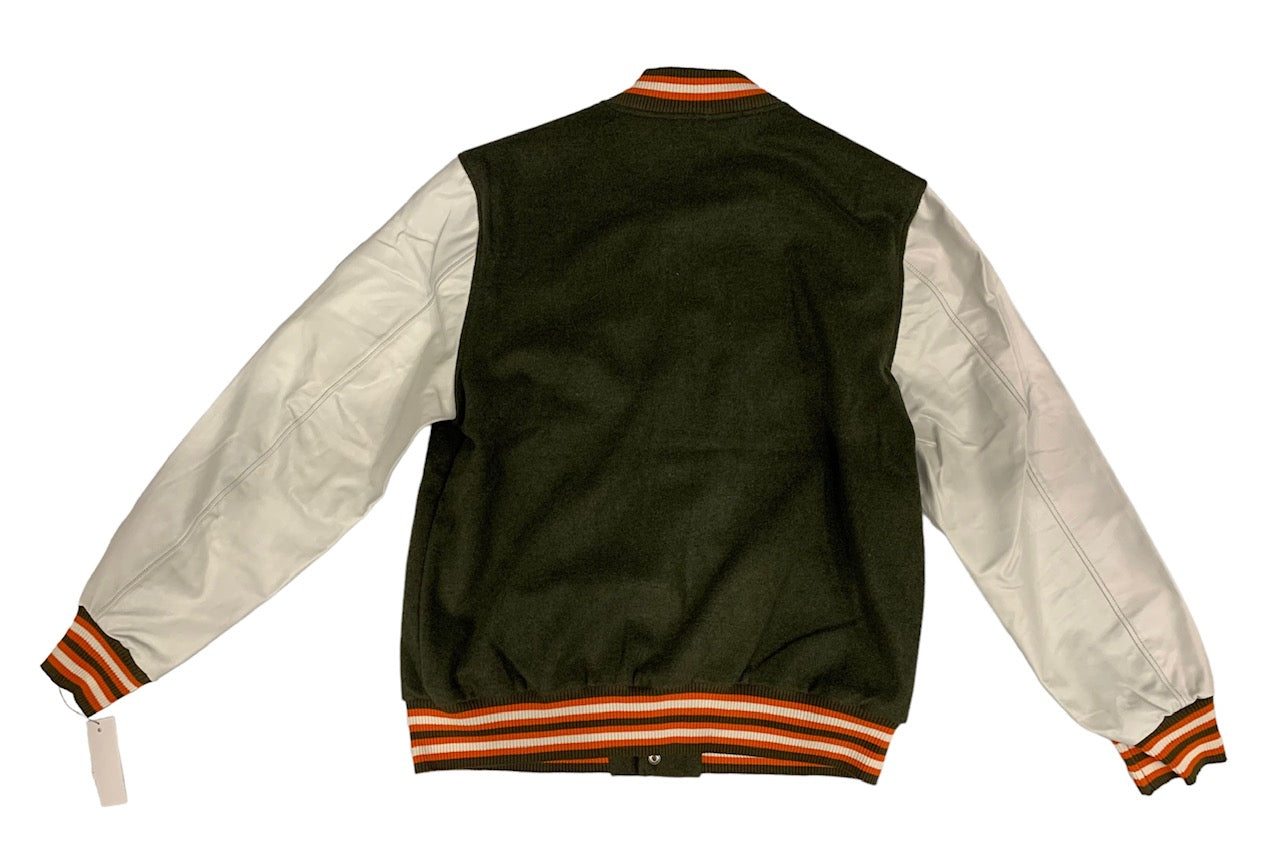 GREEN  PATCH VARSITY WITH WHITE LEATHER SLEEVES