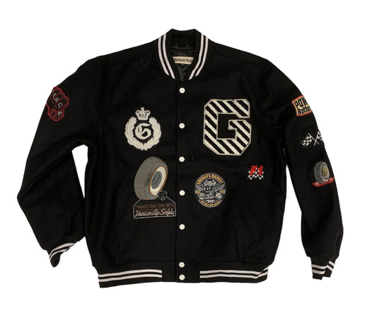 ALL BLACK WOOL MULTI PATCH VARSITY